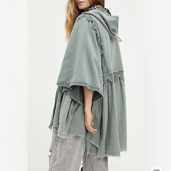 Free People Hey Girl Lace Inset Peplum Ruffles Hoodie Full Zip Slouchy Jacket